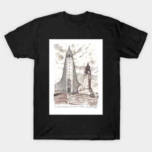 Hallgrímskirkja Church, Reykjavík, Iceland Ink Drawing T-Shirt